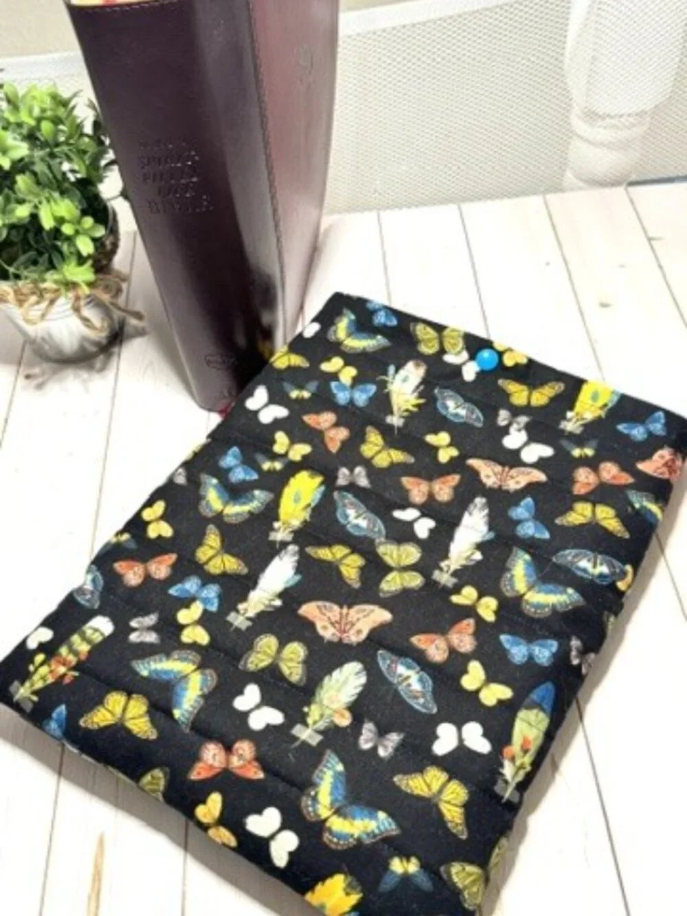 Quilted Butterfly Bible Cover | Padded Book Sleeve, Tablet Case (Black)